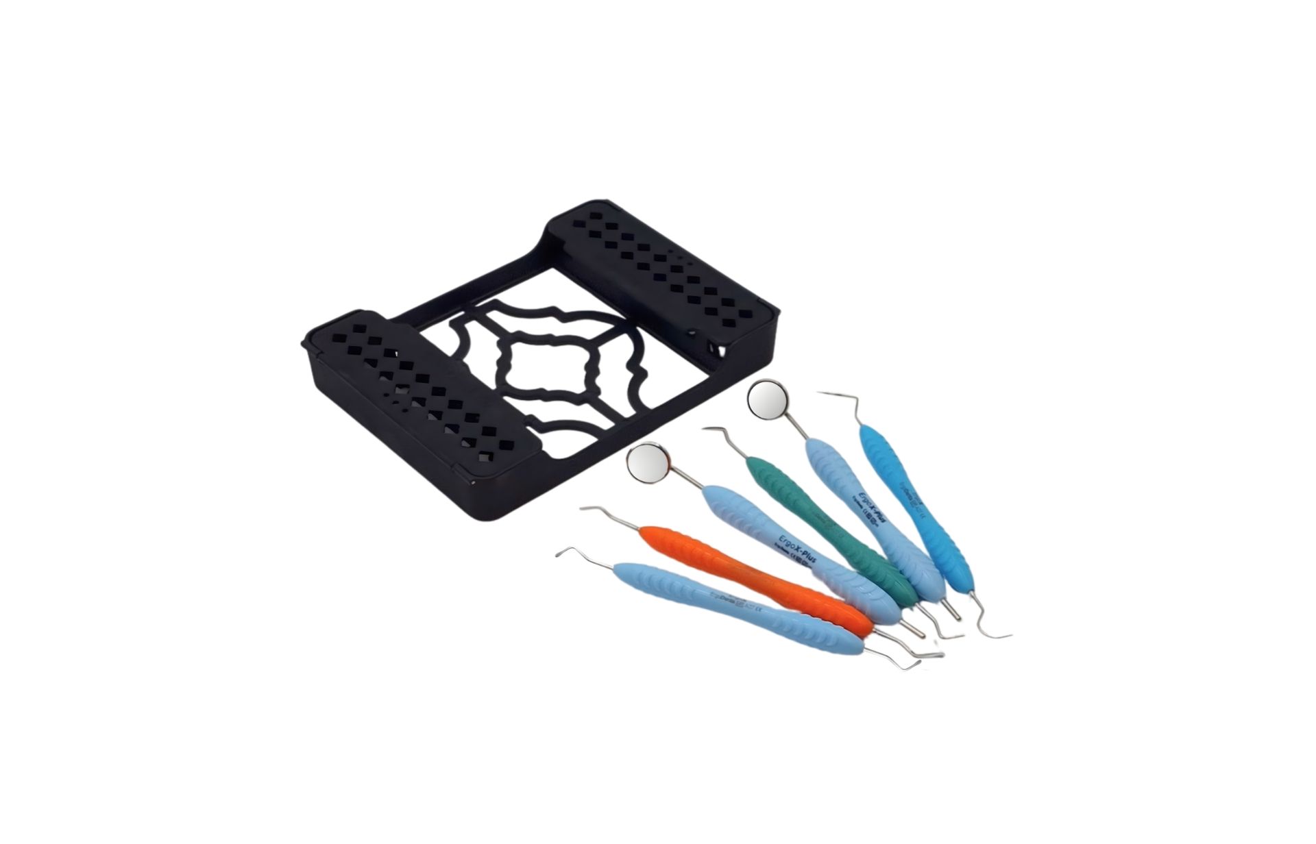 Prosthetic Kit 9918 close-up — color-coded ErgoX Plus instruments for restorative and prosthetic dentistry