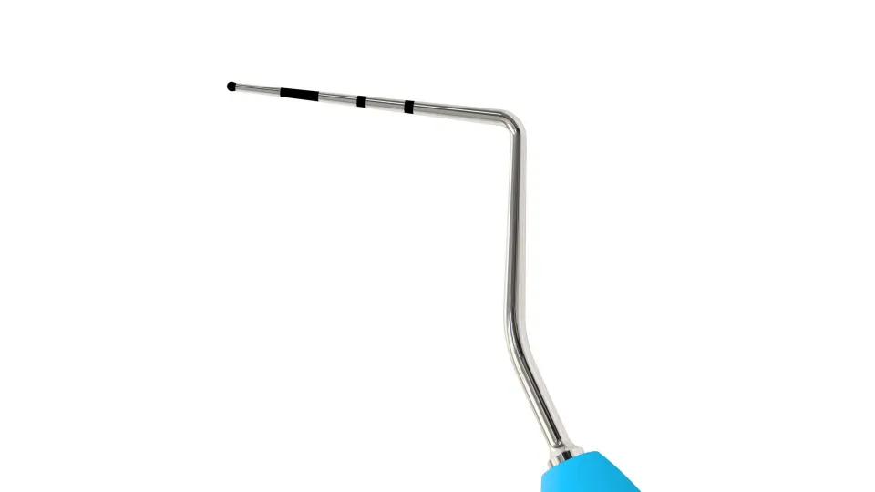 Close-up of laser-etched depth markings on an ErgoDenta periodontal probe shaft — color-coded bands and MD / REF traceability markings