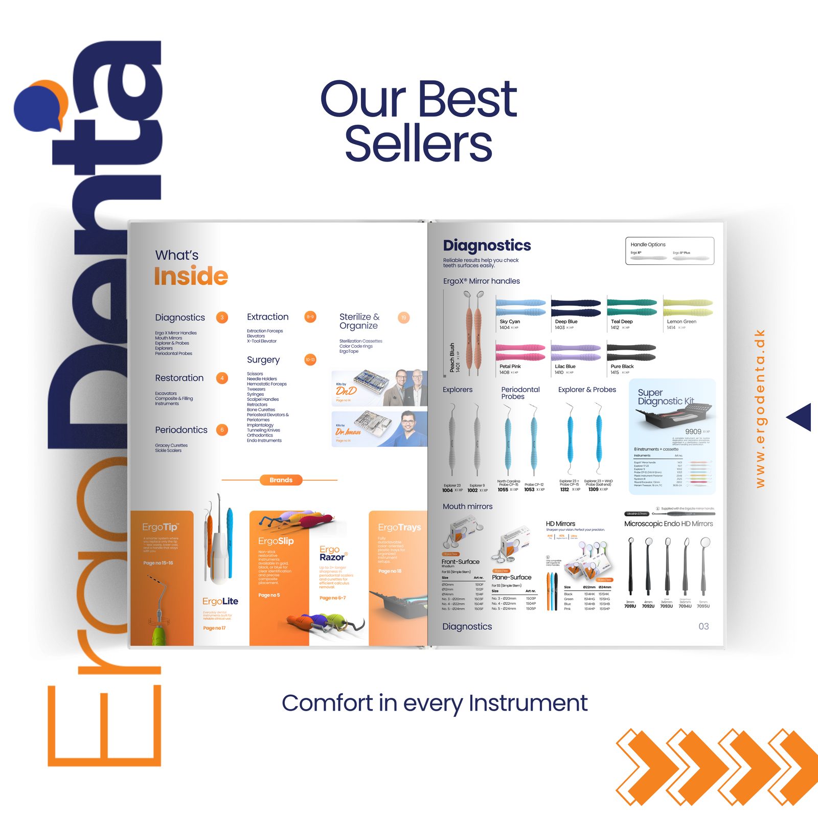 Inside the ErgoDenta Best Seller catalog — Diagnostics pages with ErgoX mirror handles, explorers and probes
