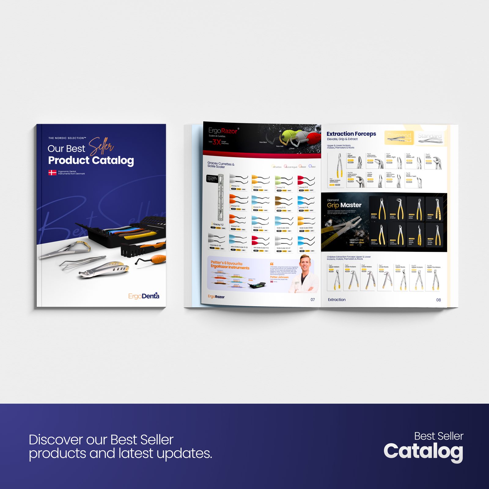 ErgoDenta Best Seller Product Catalog — cover and ErgoRazor & Extraction Forceps pages