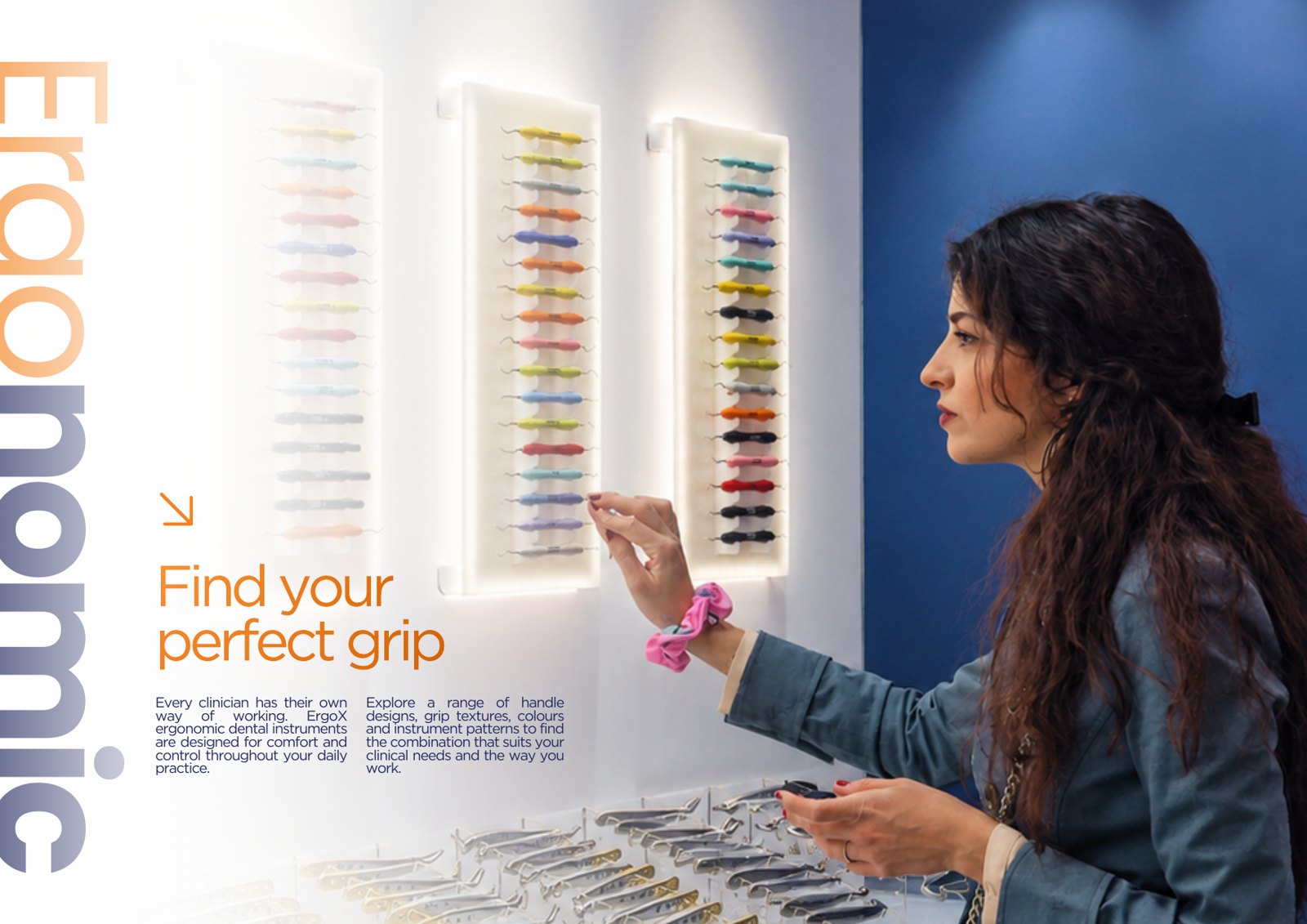 Ergonomic — find your perfect grip. ErgoX® instrument display at a dental exhibition
