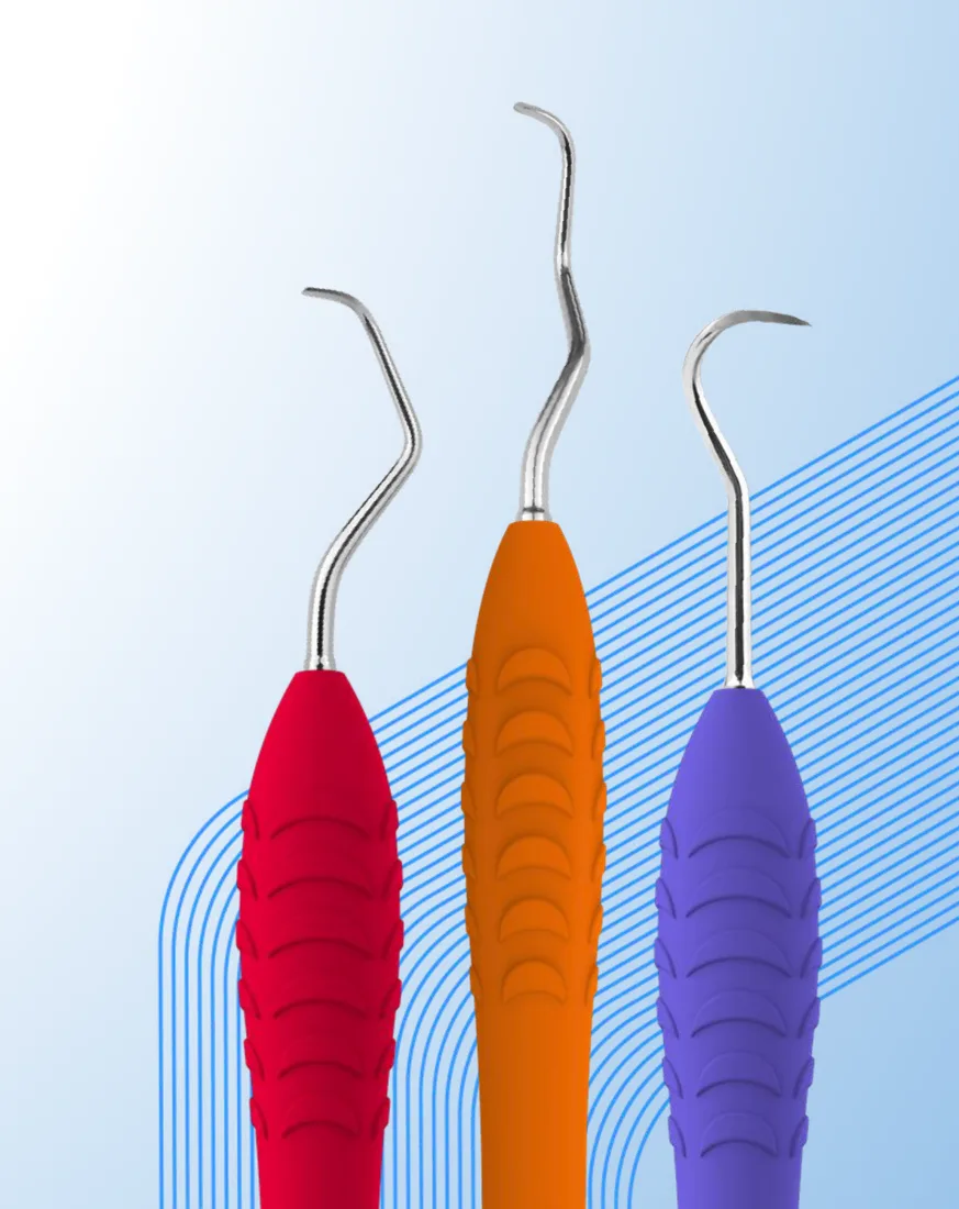 ErgoX periodontal curettes and scalers in red, orange and purple