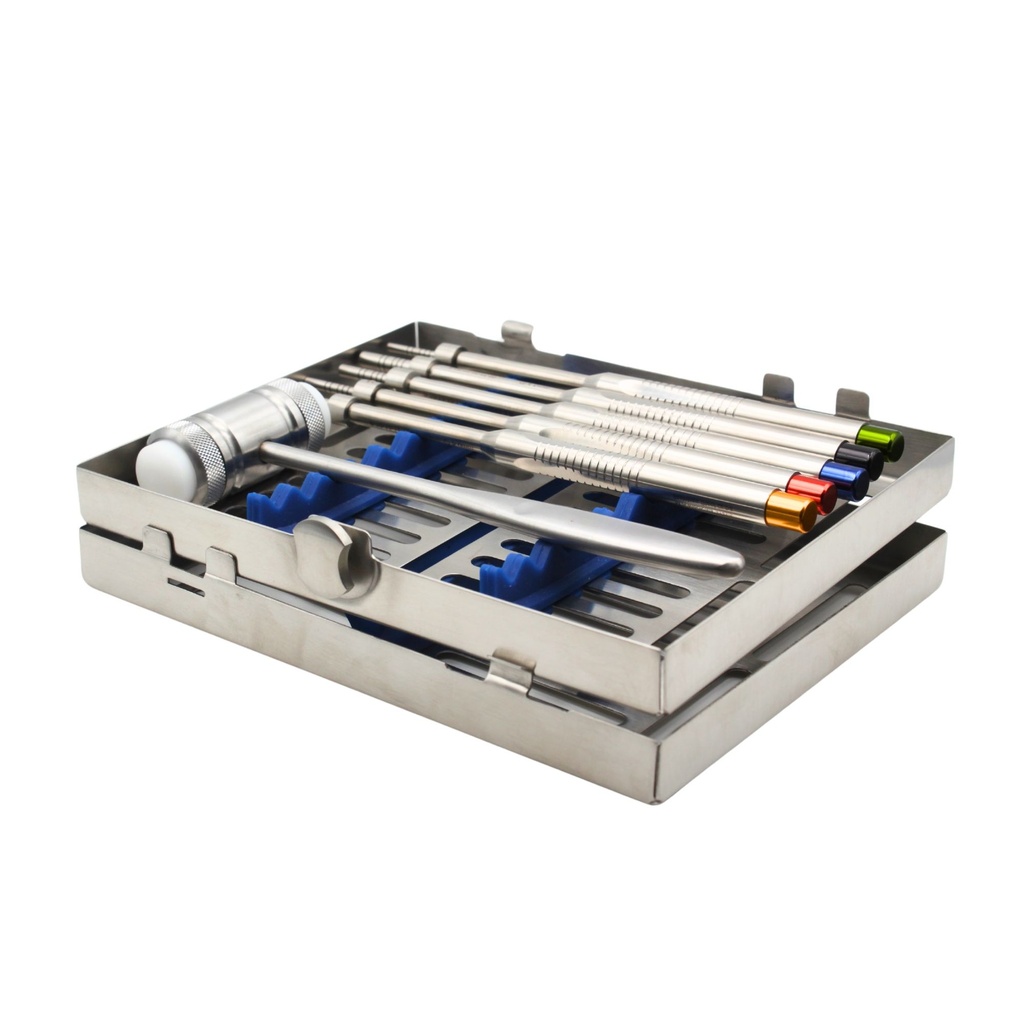 ErgoDenta osteotome set with hammer and cassette, plus sinus lift membrane elevators for crestal and lateral sinus augmentation